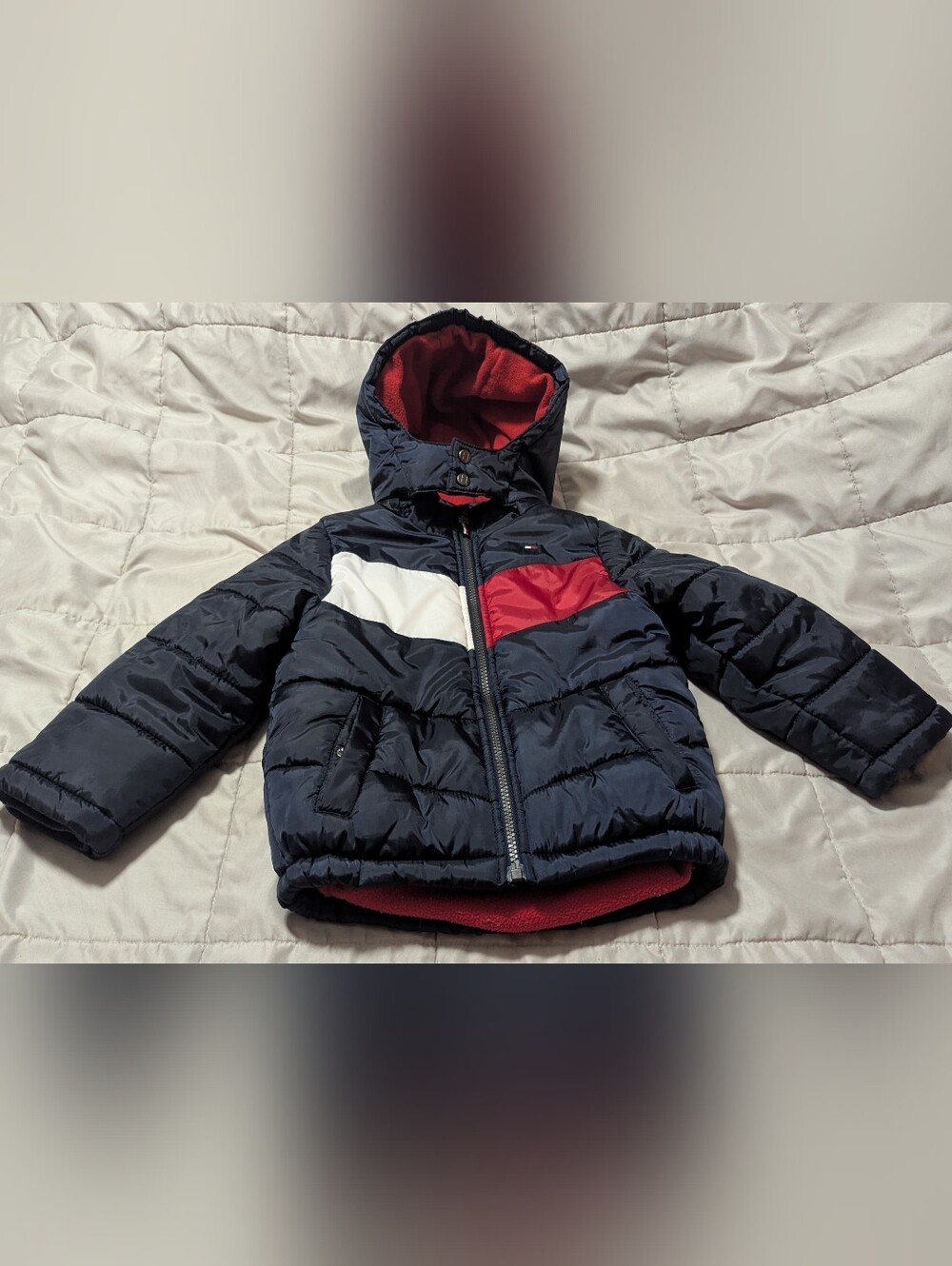 Tommy Hilfiger puffer jacket coat winter Hood Kids 4T Navy blue Red White